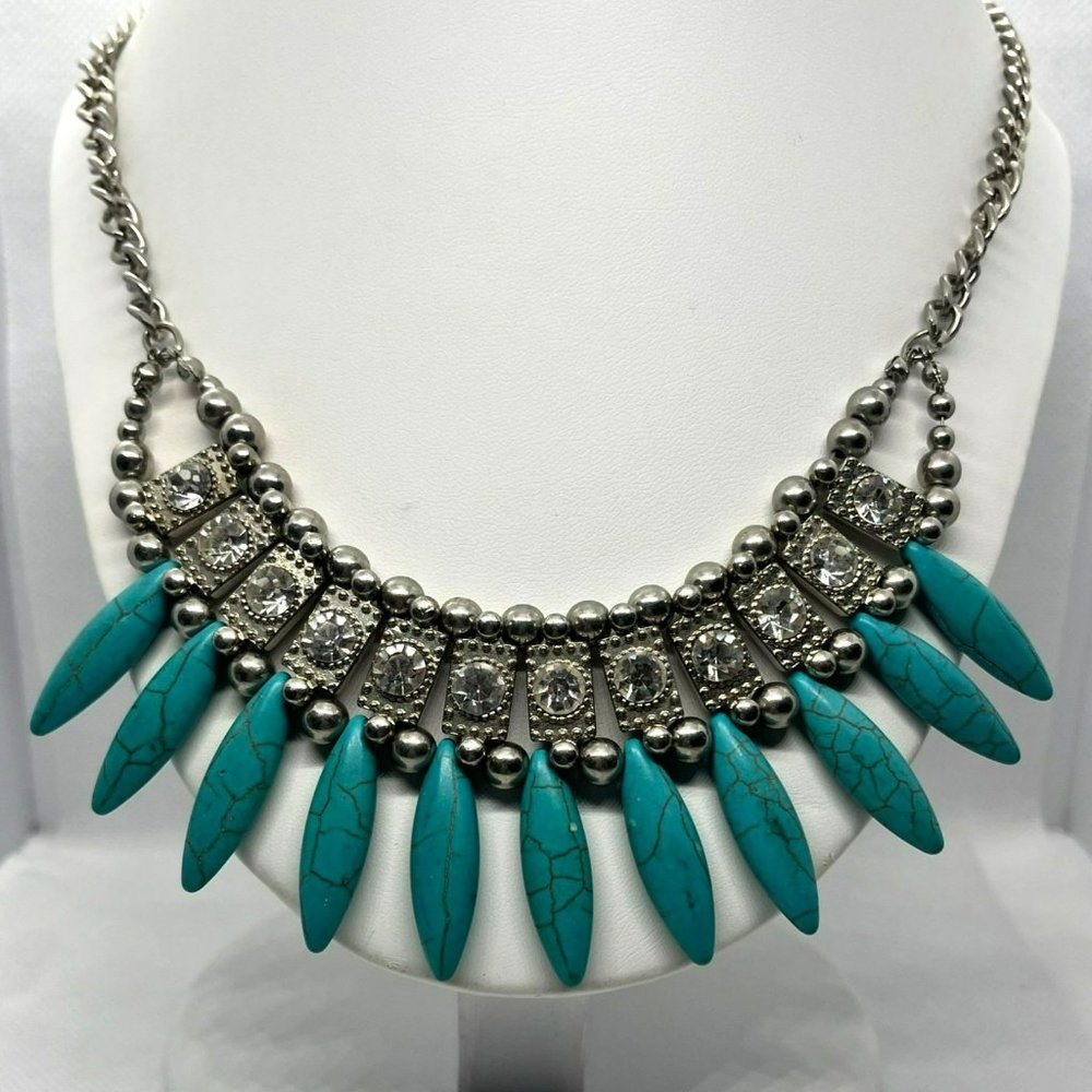 Southwest‎ Faux Turquoise Rhinestone Silver Tone Collar Bib Women's Necklce
